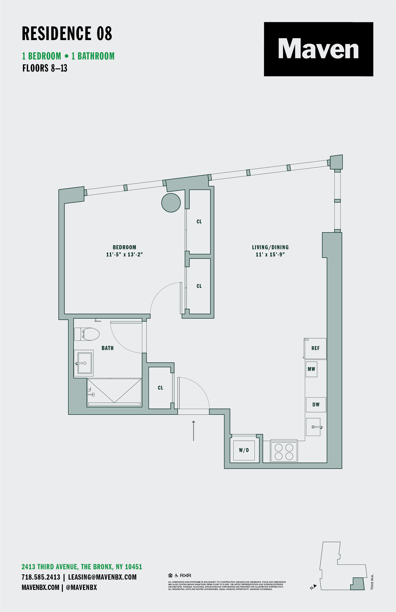 Floor plan for 1 bed, 1 bath, 670 sqft